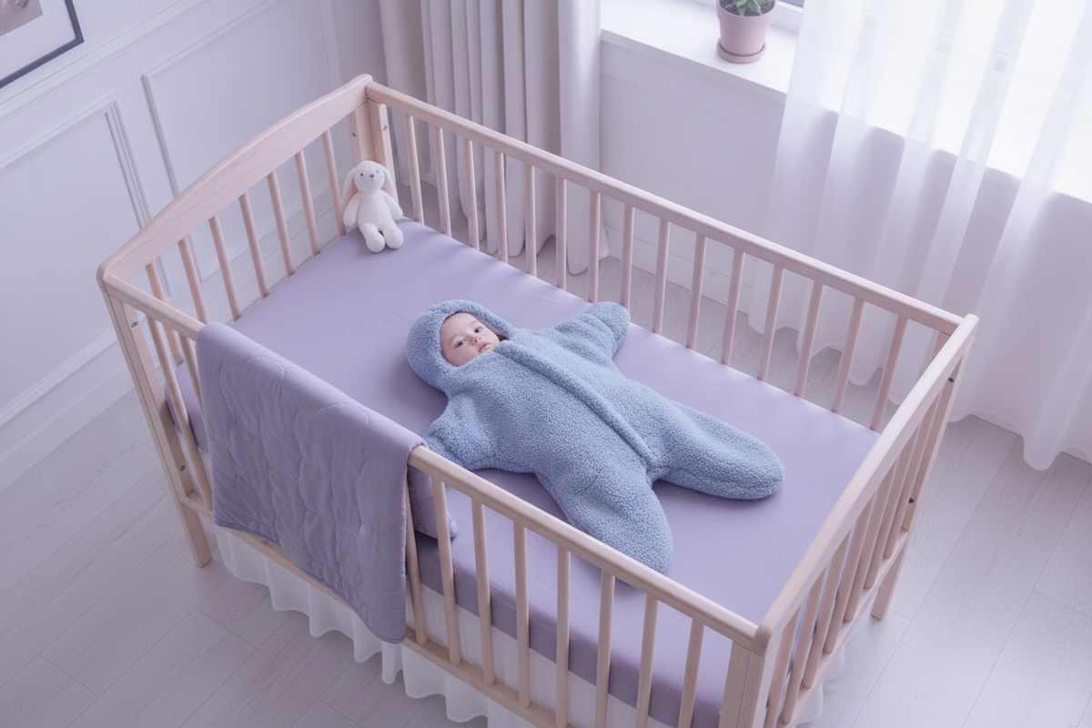 Solid color polyester fiber baby quilt draped over a light wooden crib in a softly lit nursery with dusty lilac and soft lave
