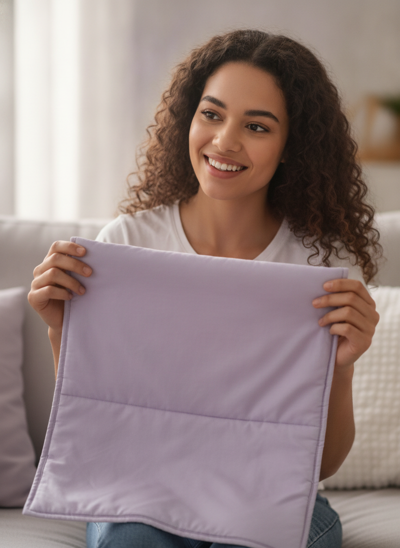 A young woman on a sofa holds a soft lavender baby quilt, smiling candidly in a naturally lit living room.