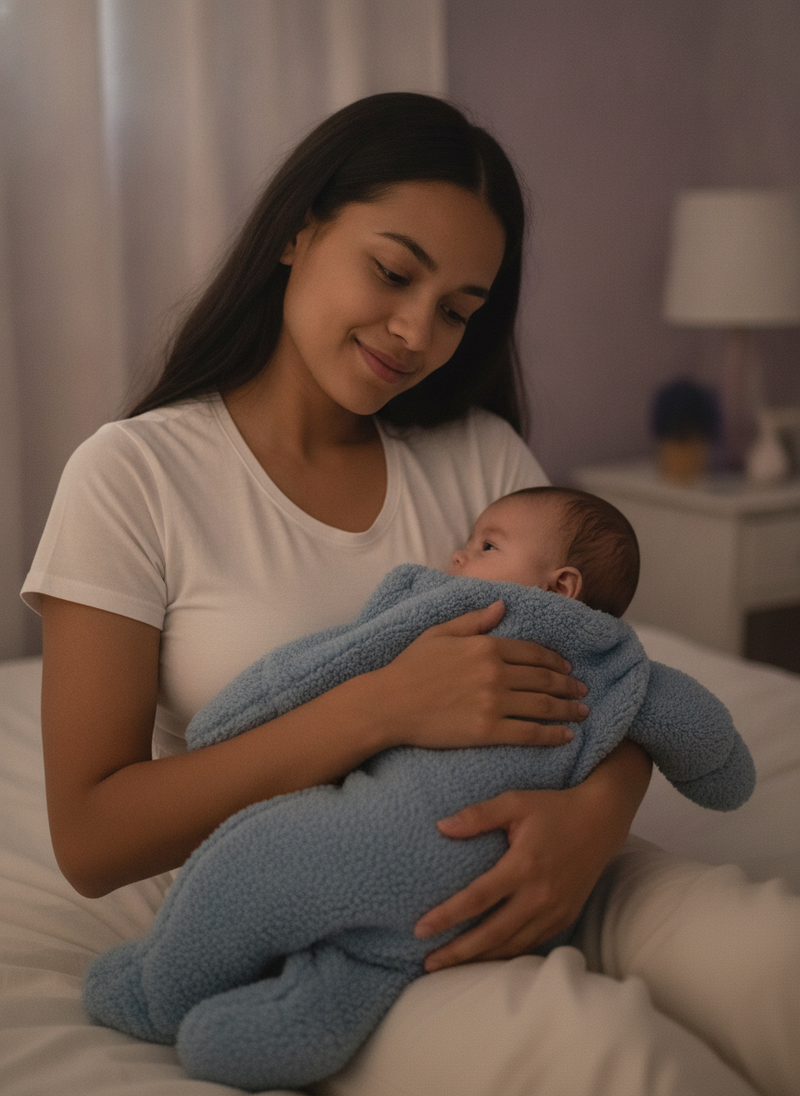 A young mother cradles her baby during a night feed, a soft, solid color baby quilt draped over her arm in a dimly lit bedroo
